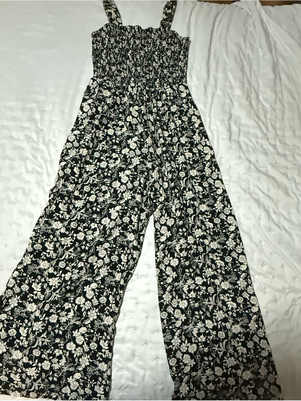 Smocked Black & White Floral Wide-Leg Jumpsuit